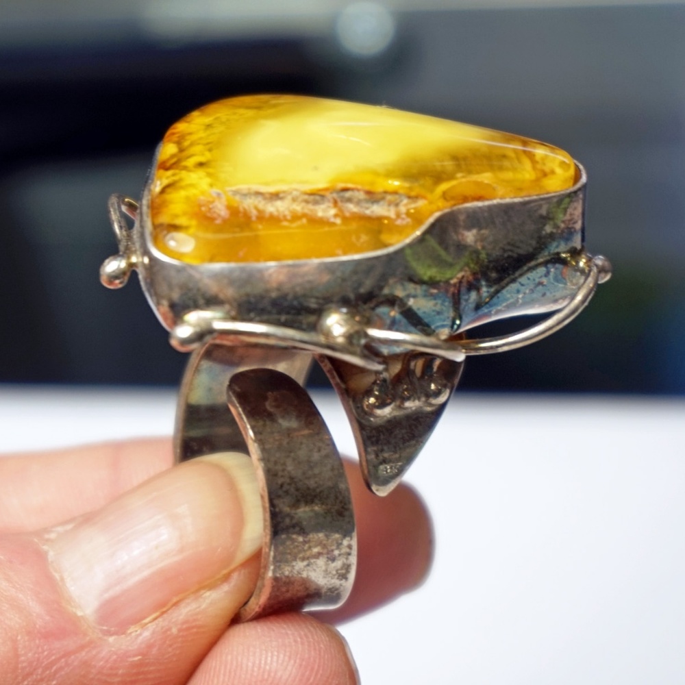 Bold Raw Amber Silver Ring Adjustable Unique - image 7